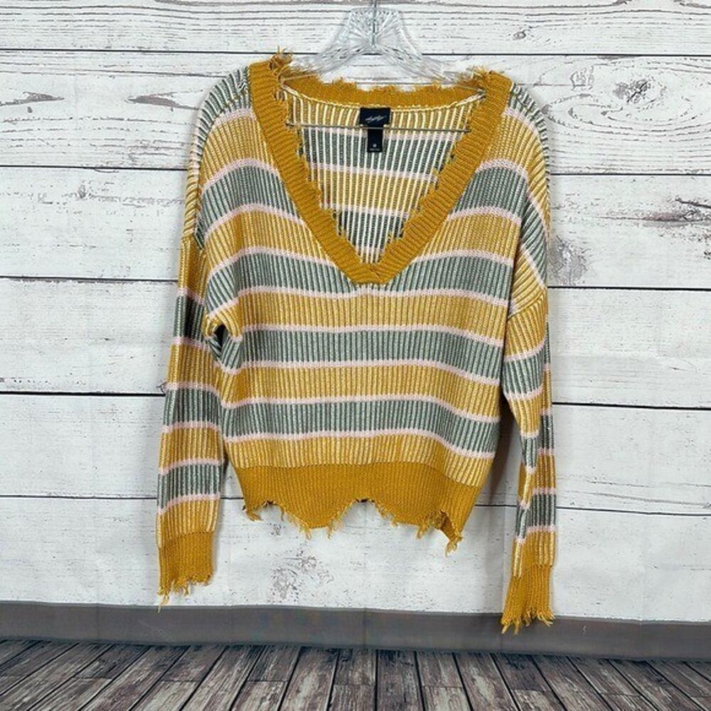 Daytrip Sweater Womens Medium Yellow Mustard‎ Striped Fringe Boxy Knit Slouchy